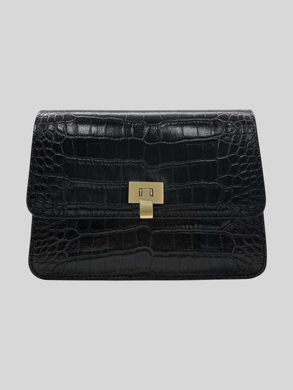 Venice Croc Effect Leather Bag Black - Contento London